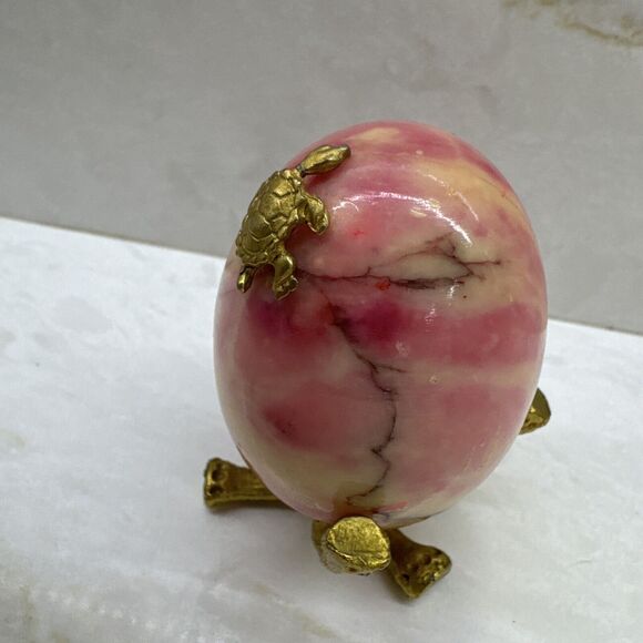 Vintage Polished Natural Stone Egg Pink Hue & Brown Yello Veins w/ Stand Turtle - Picture 6 of 6